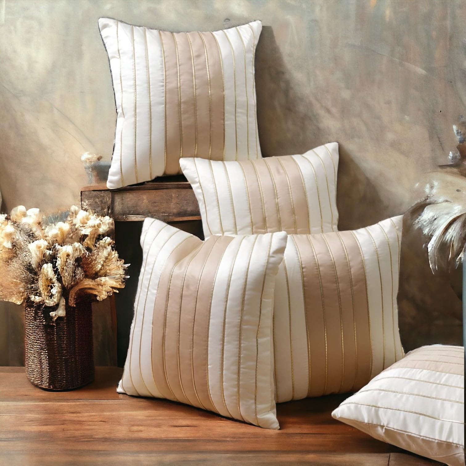 Al Khair Home Decor Multi Color Striped Satin Cushion Cover with Golden Line, Pack of 5 (Cream, 22 X 22 INCH or 55 x 55 cm)-image-39