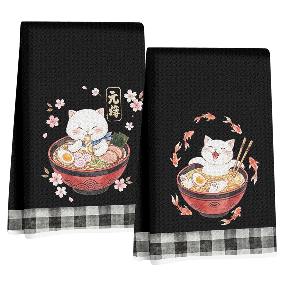 Hanamiya Na 2 Pcs Funny Japanese Cat Eating Ramen Kitchen Towels 24x14 Inch