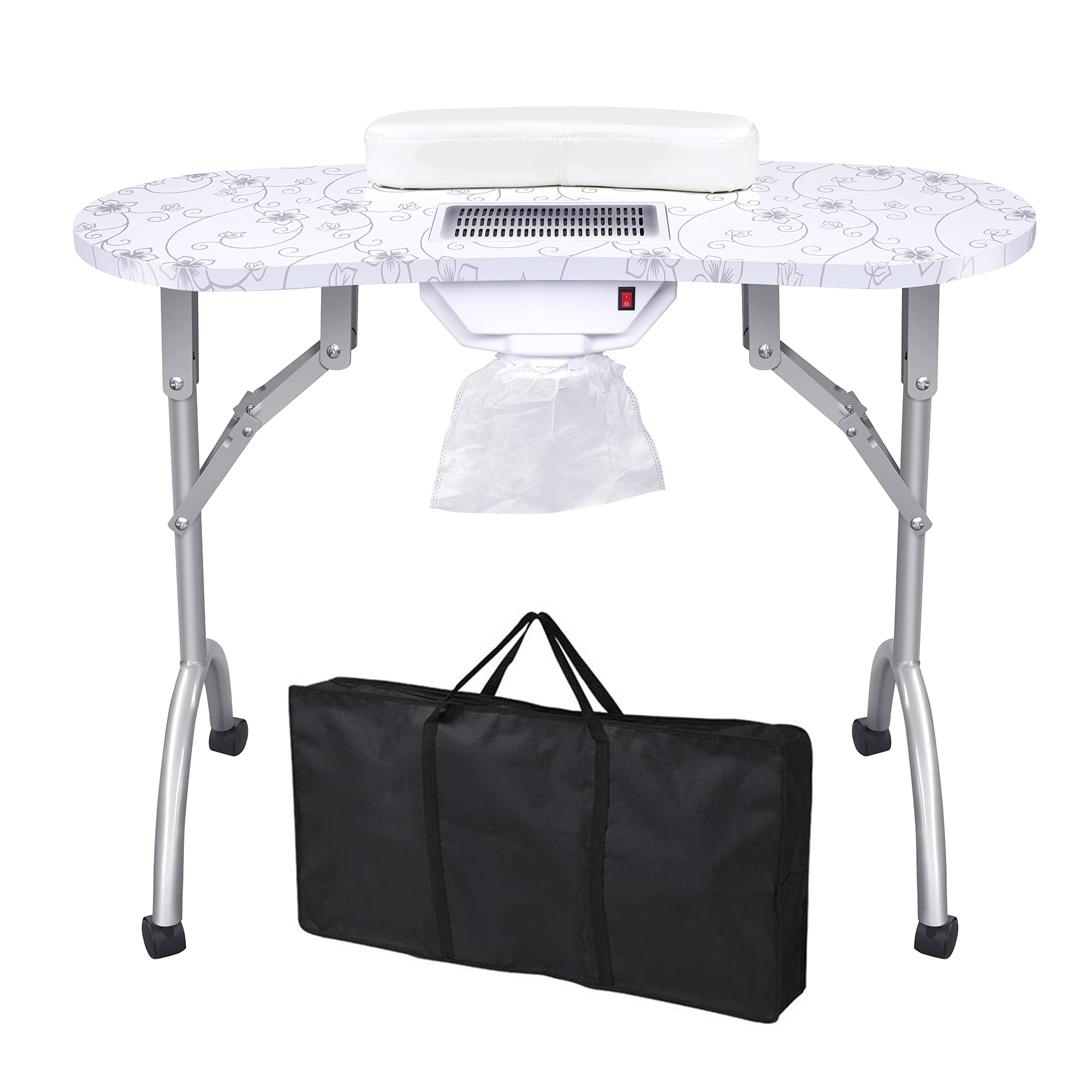 DIKO Manicure Table Nail Desk Portable & Foldable Nail Table Station Technician Desk for Home Spa Beauty Salon Nail Beauty with Electric Dust Collector, Wrist Cushion, Lockable Wheels, Carry Bag