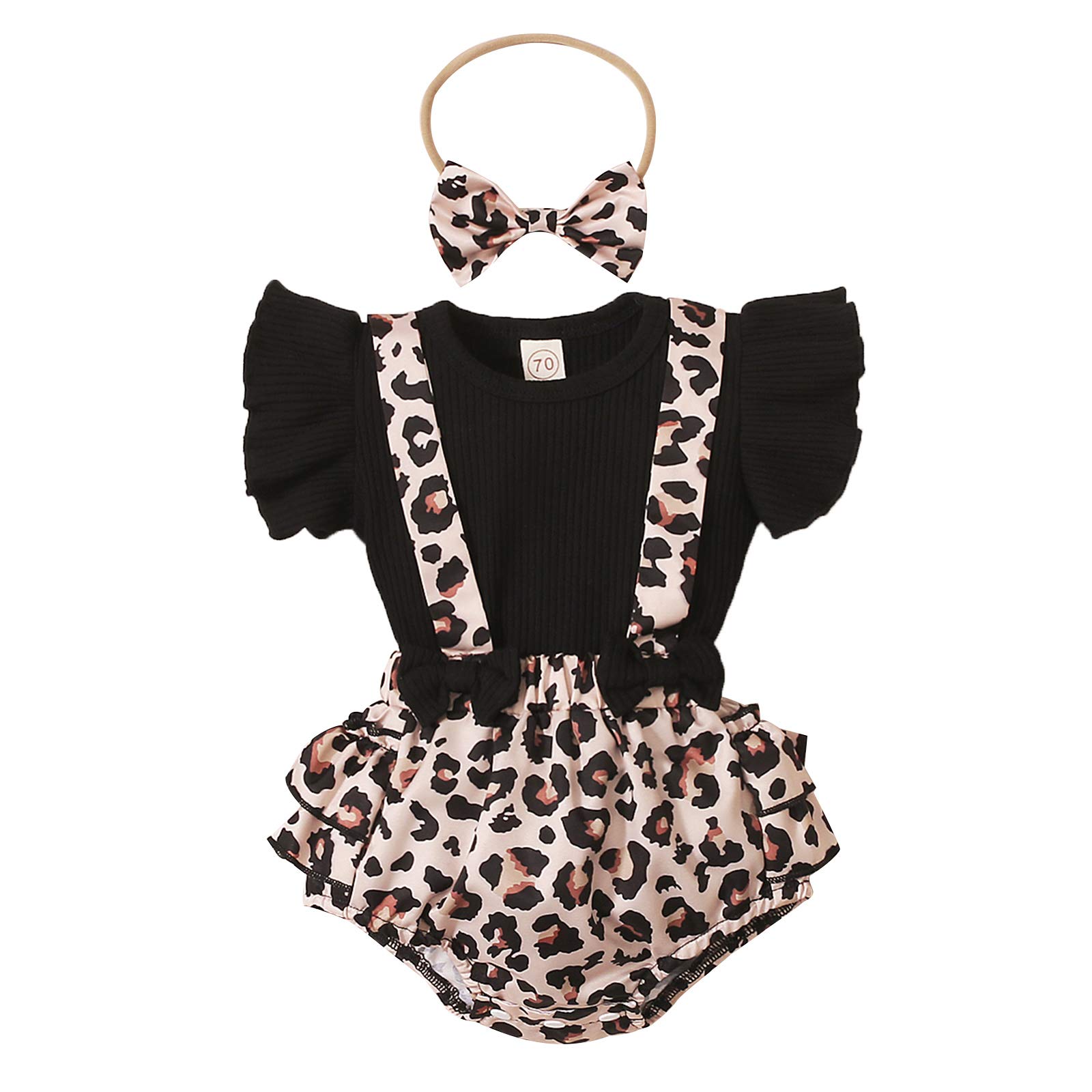 Infant Newborn Baby Girl Leopard Summer Outfits Ribbed Ruffle Sleeve T-Shirt Floral Suspender Shorts Set with Headband (Black&Leopard, 0-3 Months)