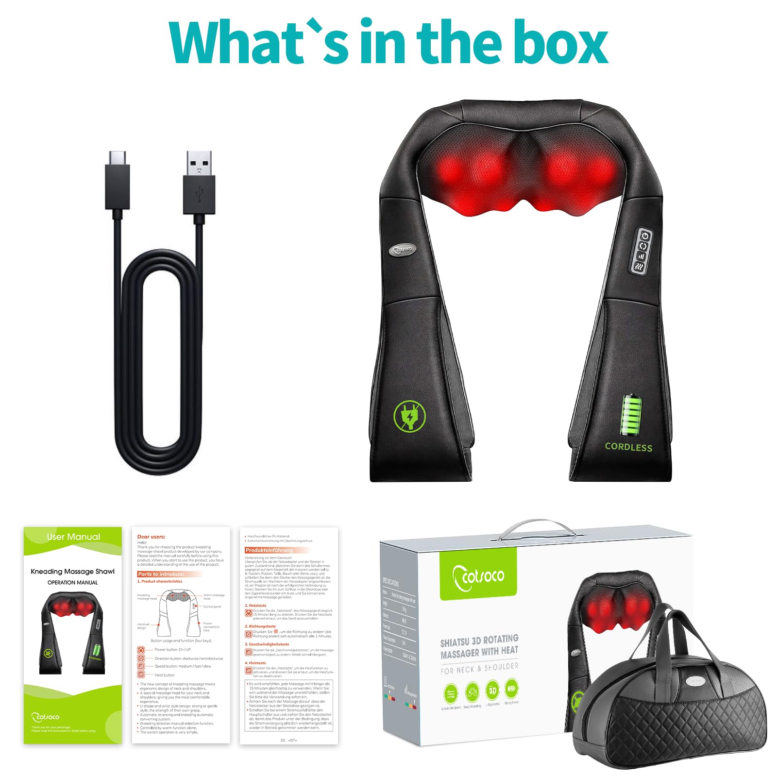 cotsoco Masseur sans fil pour cou et épaules, dispositif de massage shiatsu avec chaleur, portable pour soulager la douleur dans le cou et le dos, massage électrique, cadeaux pour femmes, hommes M861