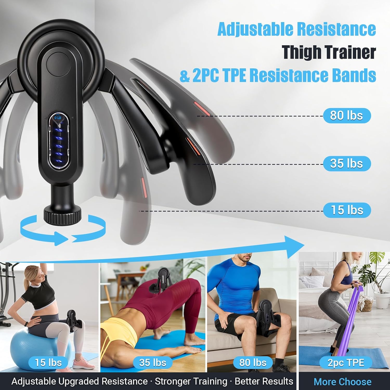 Inner Thigh Exerciser for Women, 15-80 LB Adjustable Resistance Thigh Trainer with Resistance Band(2PC), Thigh Workout Kegel Equipment for Pelvic Floor Muscle, Shaping, Yoga & Home Fitness