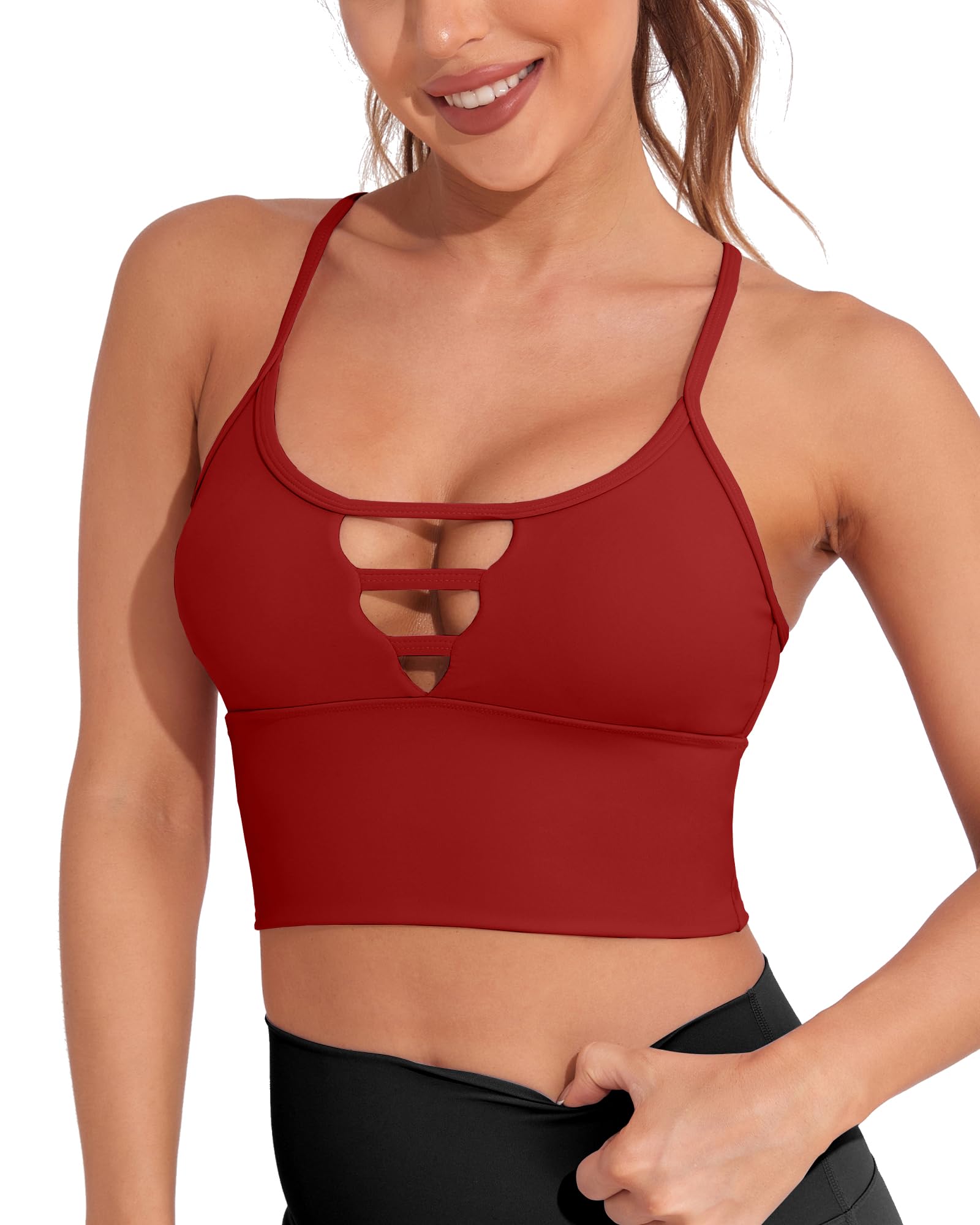 AngiMelo Longline Sports Bras for Women High Support Strappy Push Up Workout Tops Built in Bra Padded Crop Yoga Tank Top