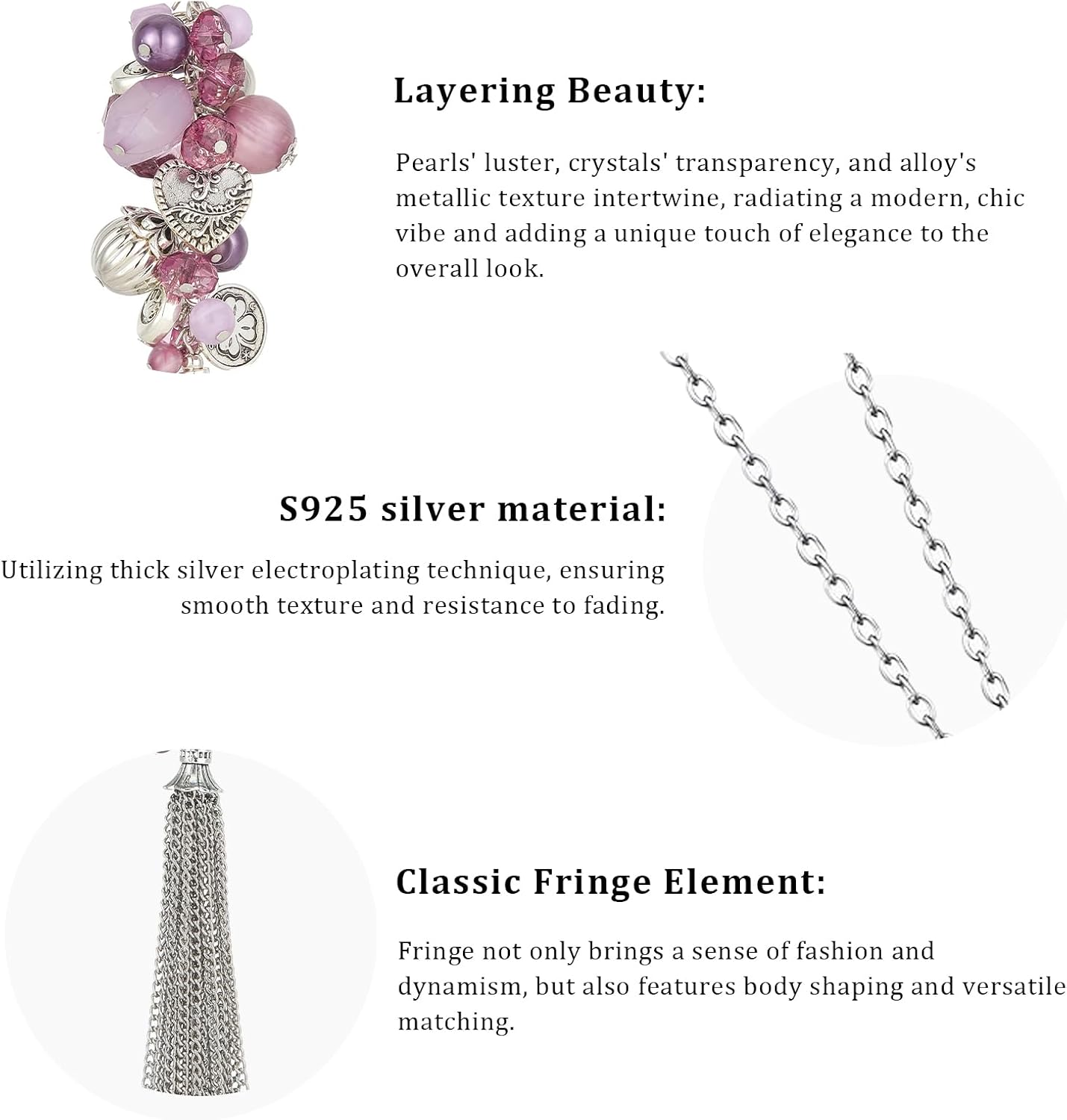 PEARL&CLUB Silver Long Tassel Necklaces for Women Boho Chain Necklace with Tassel Beaded Pendant Silver Fashion Jewelry Gifts for Women - Image 3
