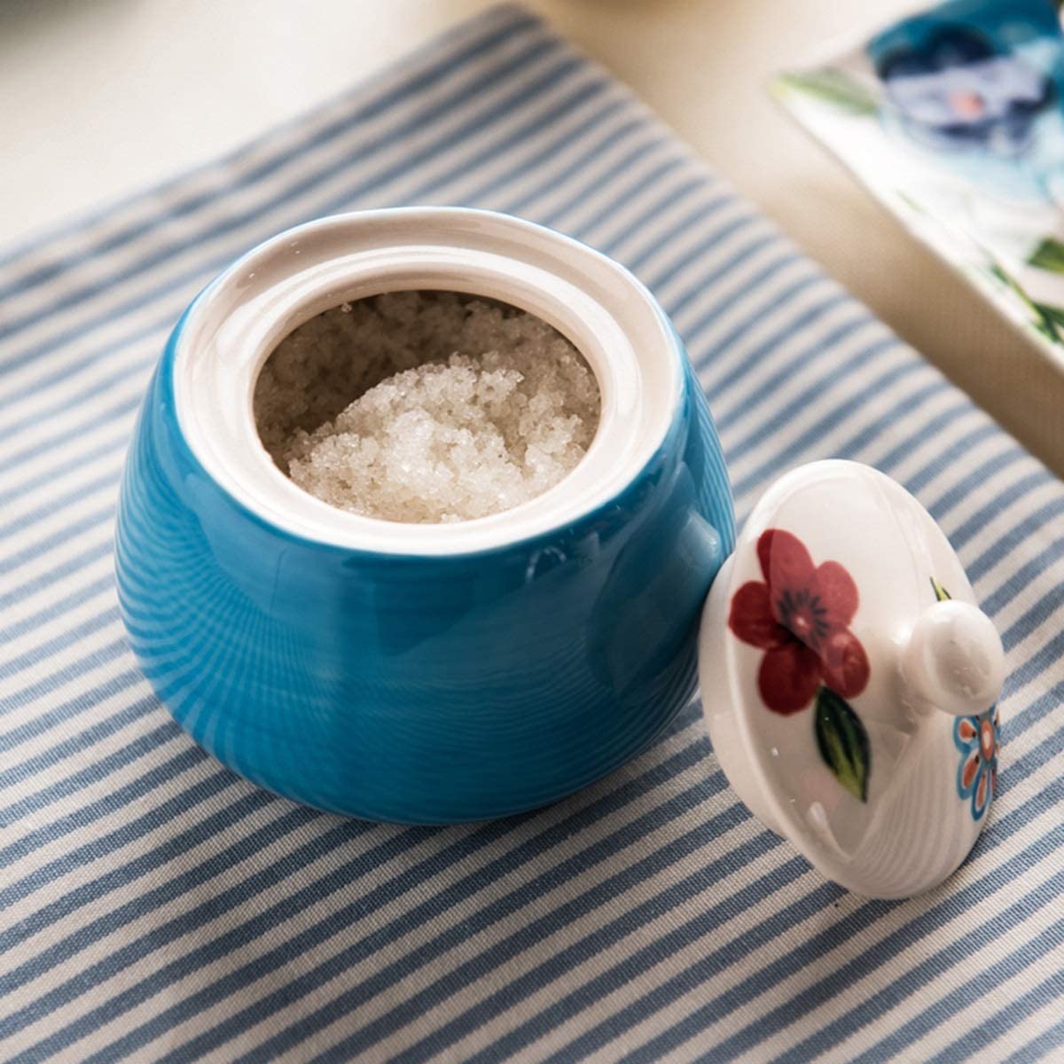 Sucrier en Céramique Bleue Rétro avec Couvercle, Pot De Stockage De Sel Et De Poivre en Porcelaine