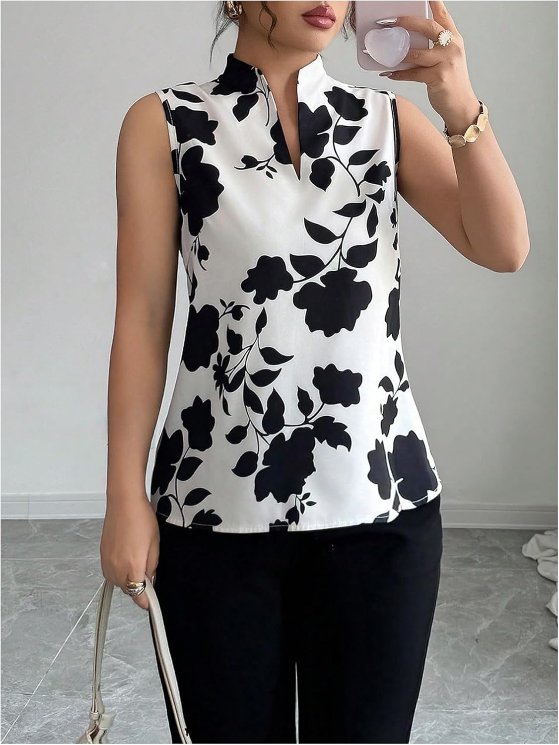 SHENHE Women's Sleeveless Blouse V Neck Tropical Print Boho Blouse Dressy Business Work Shirt Top - Image 3