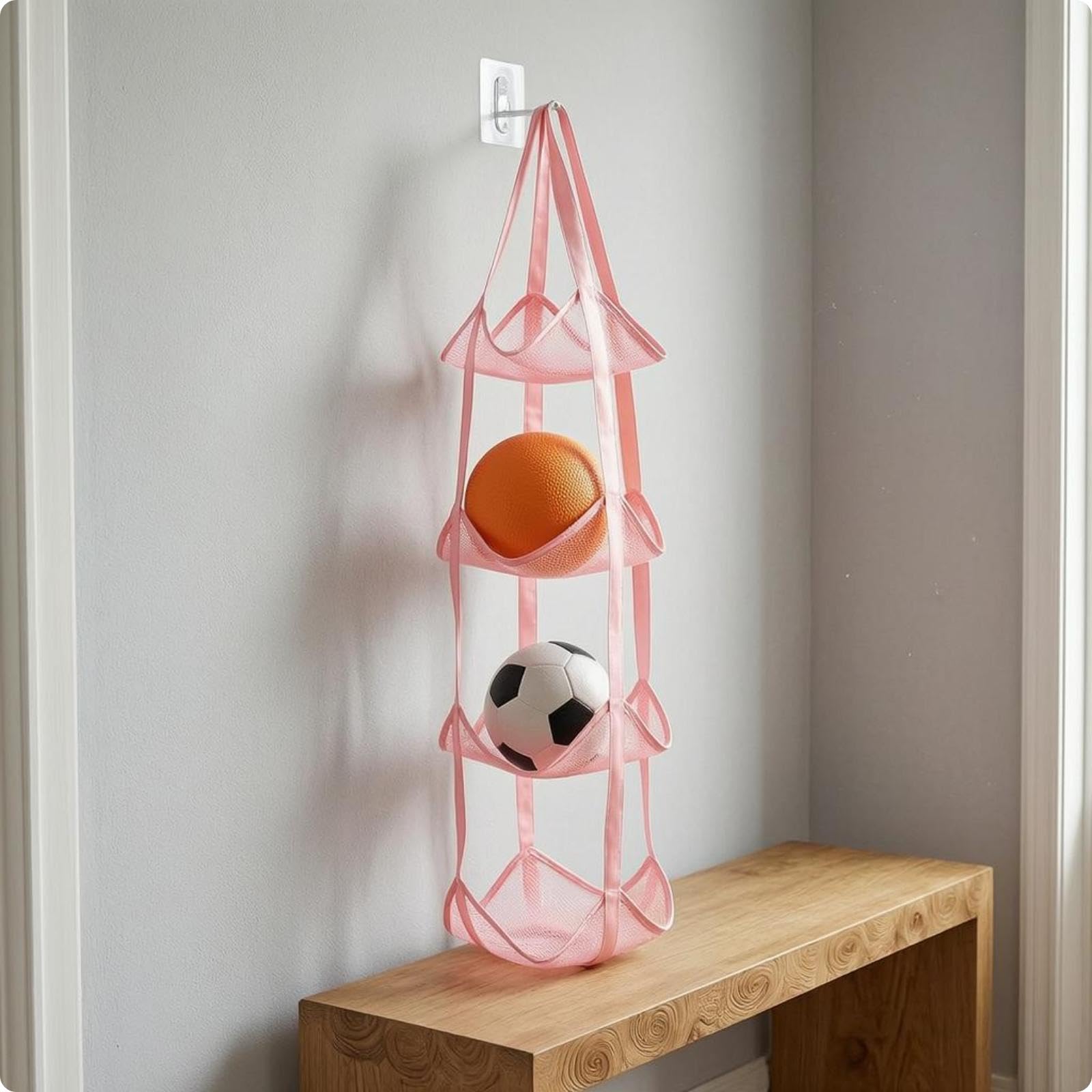 Ball Storage Bag Multiple Pockets Mesh Hanging Bag Strapping Sports Item Organizer for Rear Door Pink 4 Layers-image-37