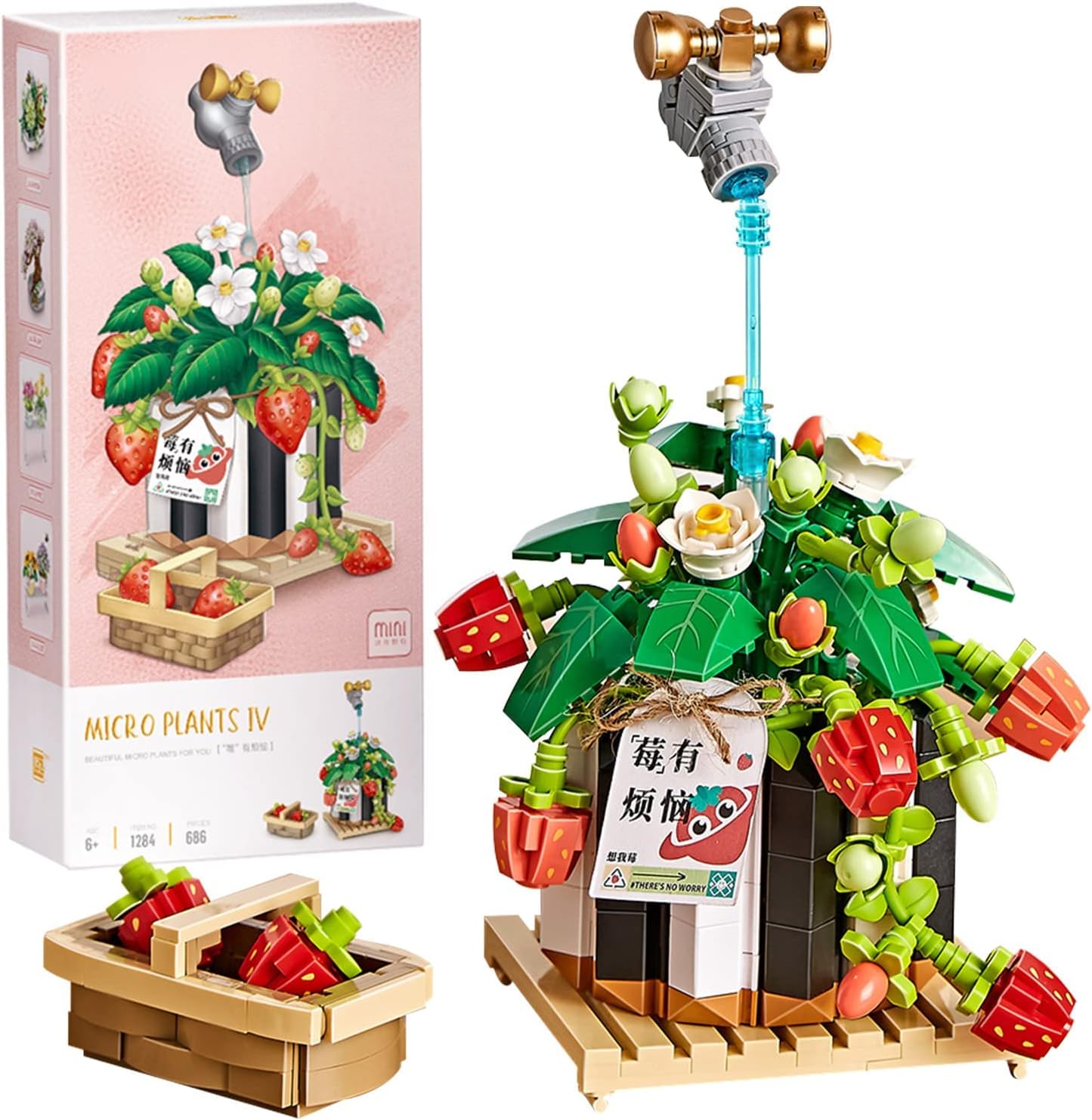 MEIESTMini Building Blocks Bonsai Plant Model Set,Simulation Particle Flower Succulent Botanical Collection Construction Building Bricks Toy,Home Decor,13+(Strawberry)
