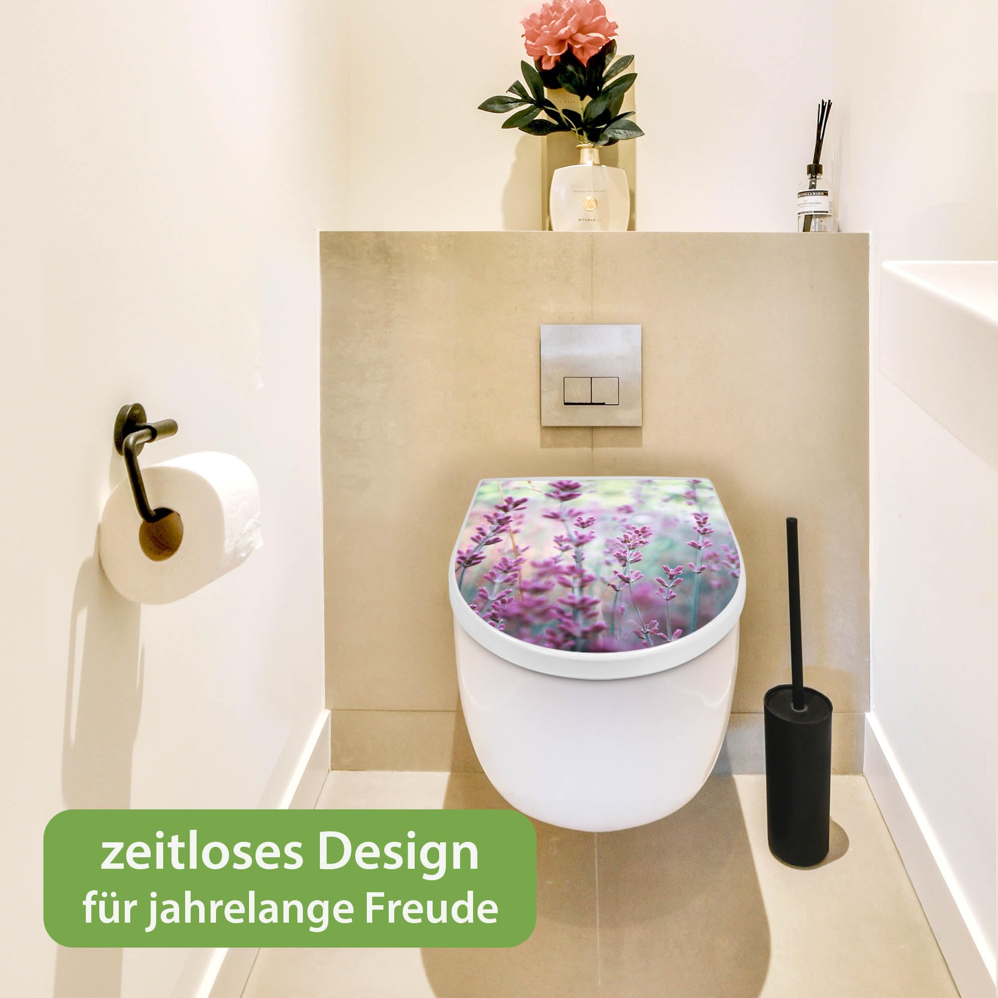 banjado WC Sitz mit Absenkautomatik D Form - Toilettendeckel mit Absenkautomatik D Form - Klodeckel Softclose - stabile Klobrille - Toilettensitz Weiß - Motiv Lavendel 2
