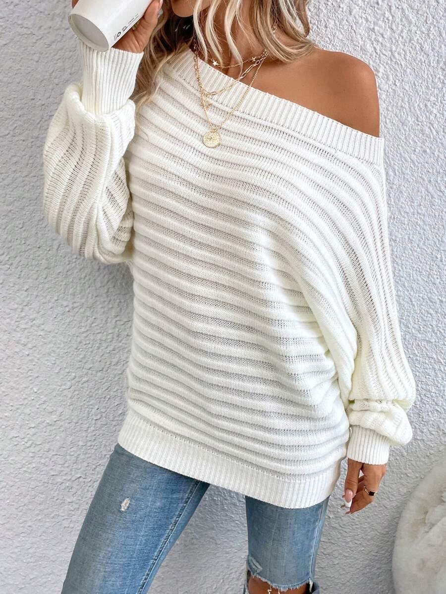 ZAFUL Womens Fall Sweaters Off The Shoulder Batwing Sleeve Textured Knit Tops Oversized One Shoulder Sweater - Image 6