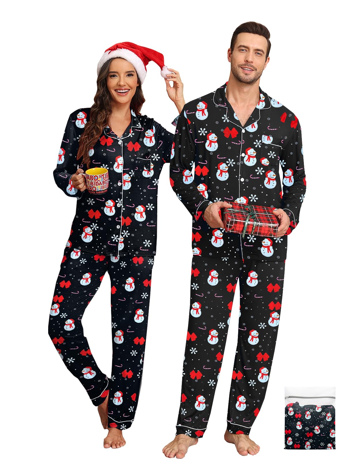 Christmas Pjs For Couple Modal Pajama Set Long Sleeve Soft Sleepwear Cute Loungewear Men Black-Snowman XXXL-image-19