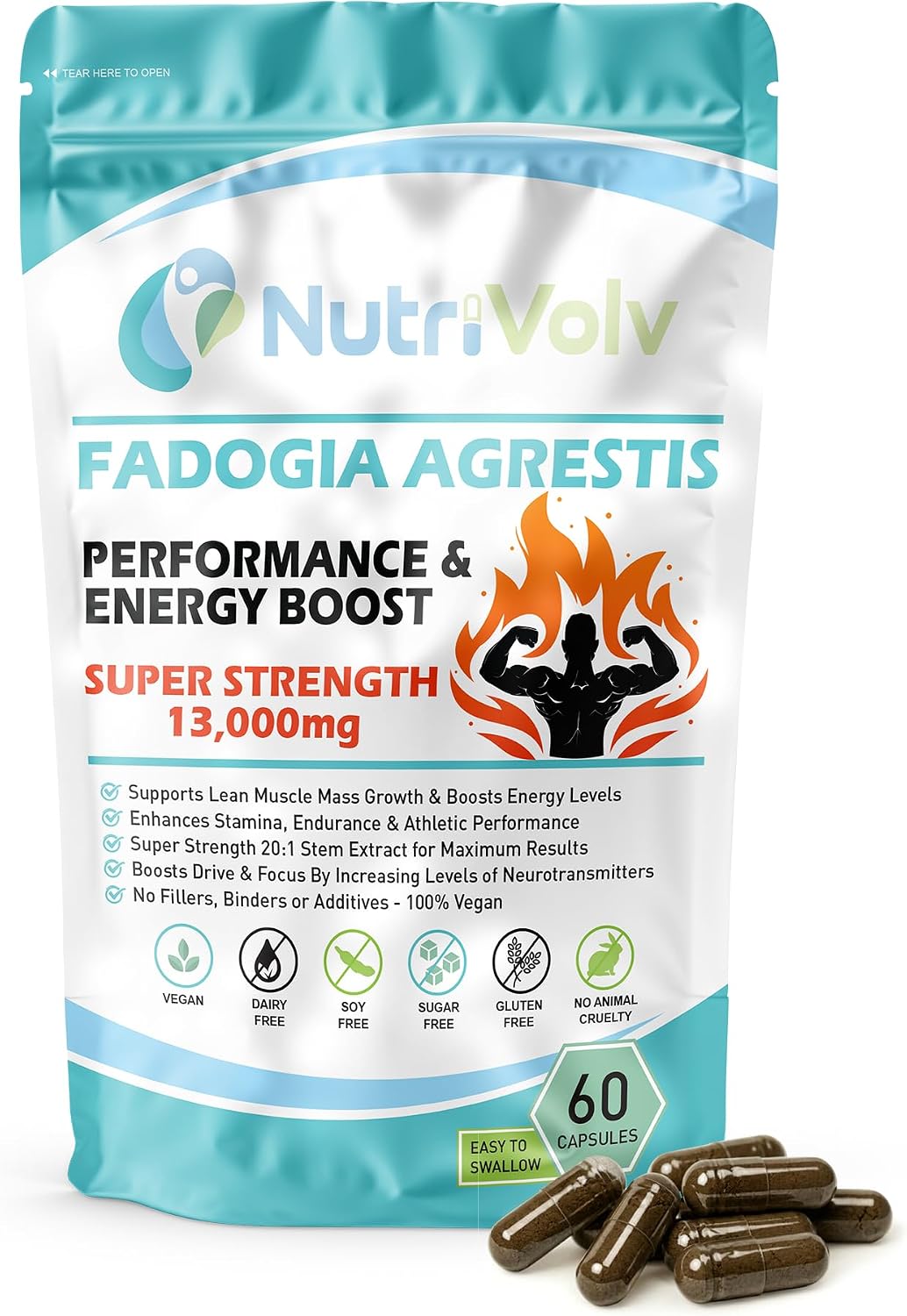 Nutrivolv Fadogia Agrestis 13,000mg | 60 Capsules | Super Strength 20:1 Extract | Lean Muscle Growth | Muscle Recovery | Athletic Performance | Energy | Stamina | Endurance Boost | Vegan Supplement