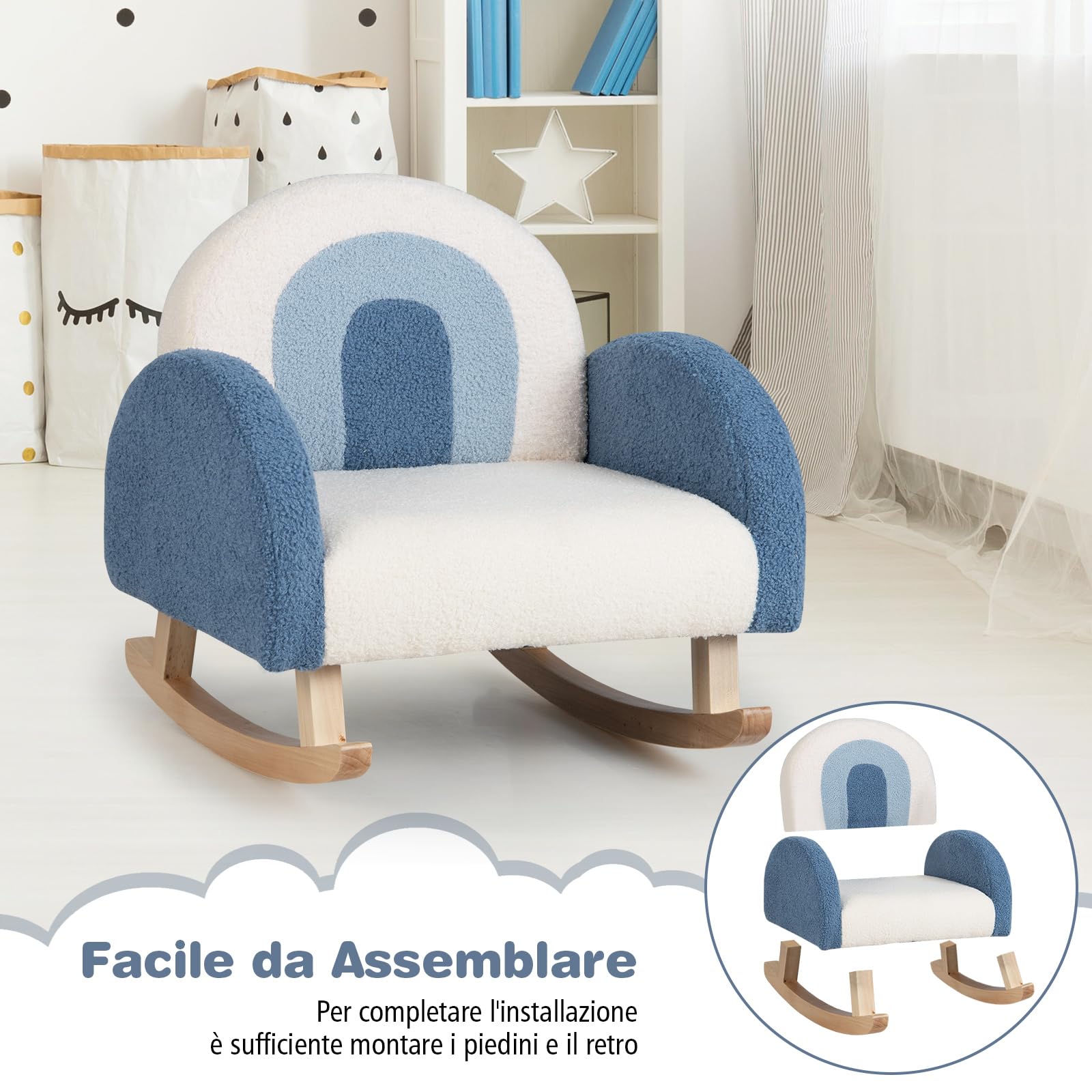 GYMAX Poltrona per Bambini a Dondolo in Teddy Velluto con Gamba in Legno Massello, Poltrona Imbottita a Dondolo per Bambini Carini per Asilo Nido e Sala Giochi, Età 3-5 Anni (blu)