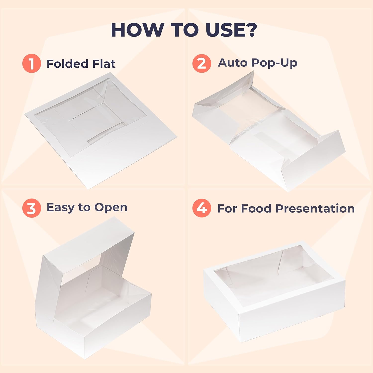 Fit Meal Prep 100 Pack 14 x 10 x 4 Inches White Bakery Boxes with Window, Auto-Popup Cardboard Gift Packaging and Baking Containers, Cupcake, Cookie and Loaf Bread Boxes