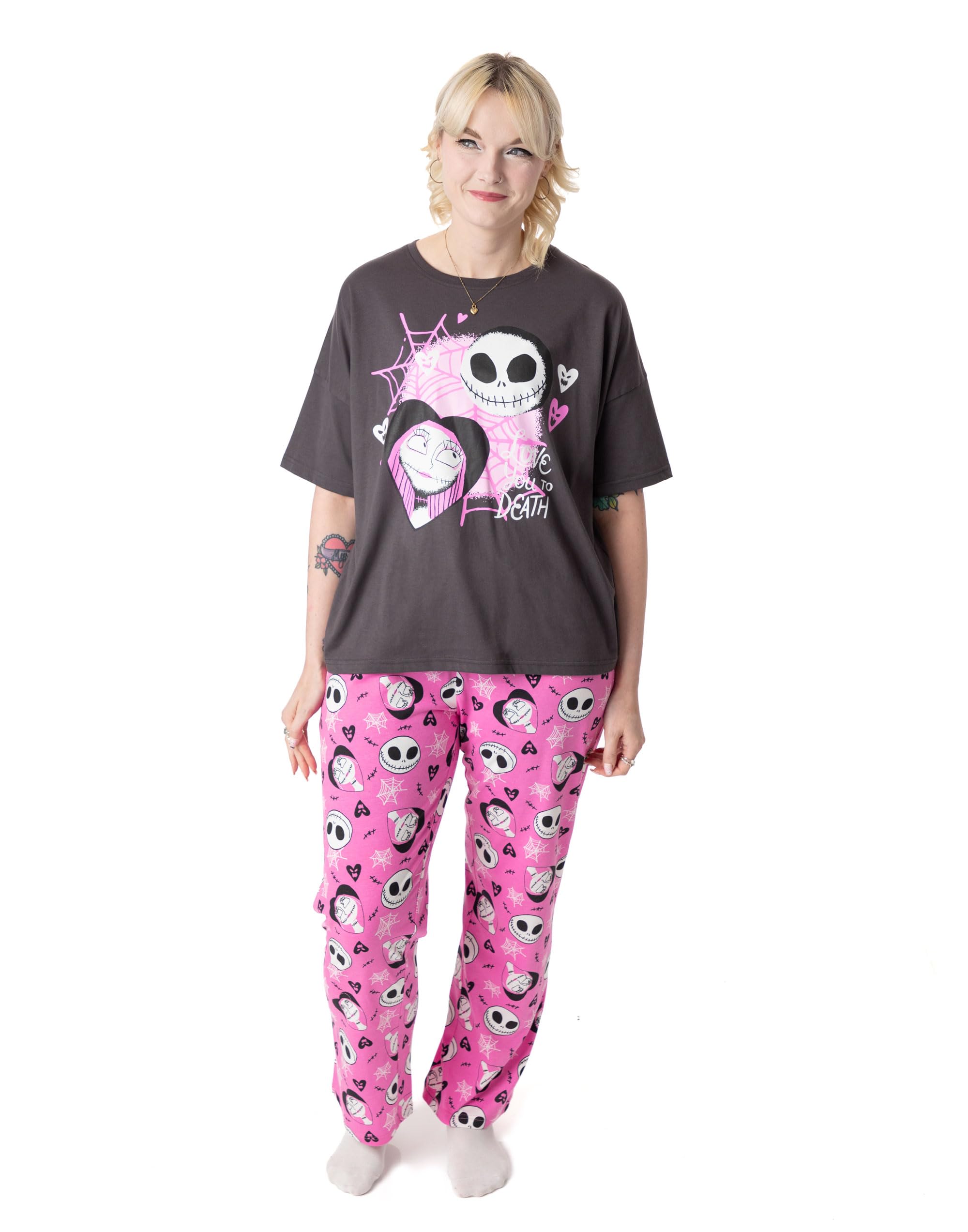Disney The Nightmare Before Christmas Womens Pyjama Set | Adults Jack Skellington Graphic Short Sleeve Top & Long Leg PJ Bottoms in Black & Pink | Ladies Sally Character All Over Print Nightwear