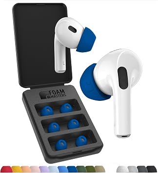 Foam Masters Ultra-Premium Memory Foam Ear Tips for AirPods Pro 1st & 2nd Gen | 3 Pairs | New Ver. | Secure Fit | Super Comfort | Better Noise Cancel | Replacement Buds Assorted S/M/L, Blue