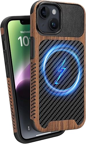 ZZDZZ Funda magnética compatible con iPhone 13 Mini compatible con MagSafe diseño de fibra de carbono de madera y cuero, funda híbrida a prueba de
