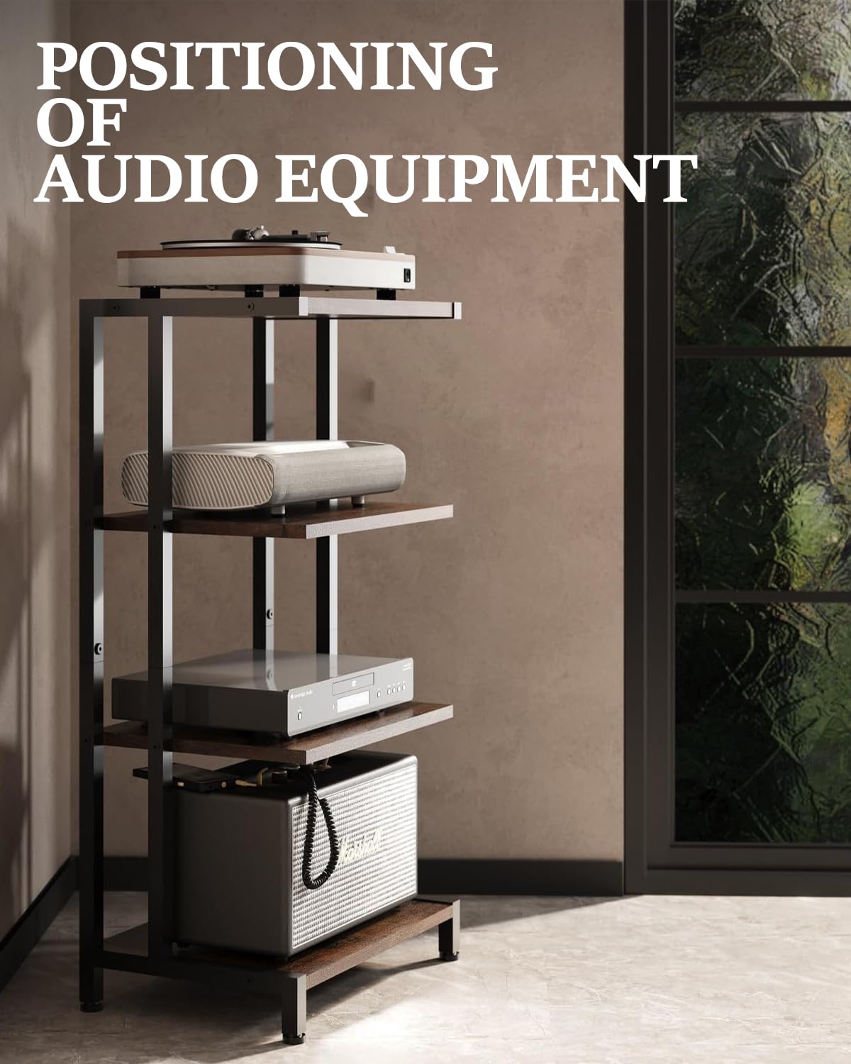 4-poziomowa półka HiFi, półka z drewna i żelaza na gramofony, instalacje audio, systemy stereo, nadaje się do salonu i gabinetu 28D x 42W x 81H cm, kolor czarny/brązowy