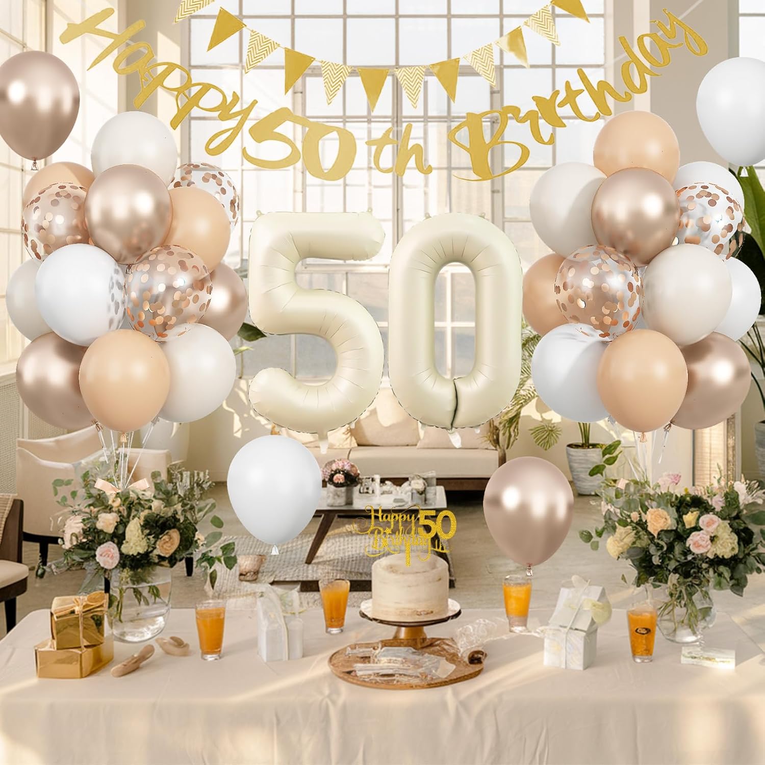 50th Birthday Decorations, Sand White Gold Party Decoration with 50 Year Old Foil Balloon Set, Beige Gold Happy Number 50 Birthday Banner with Cake Decoration for Women Men Boho Party Supplies - Image 3