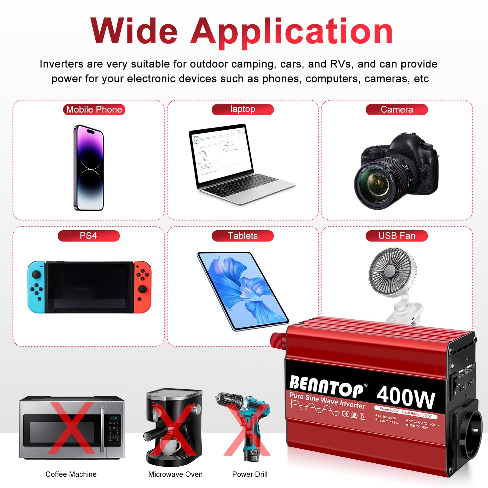 400W Wechselrichter 12v auf 230v Spannungswandler Reiner Sinus mit EU Buchse, Typ-C, USB Anschluss,Stromwandler Auto Adapter mit Zigarettenanzünder für iPhone, iPad, Tablet