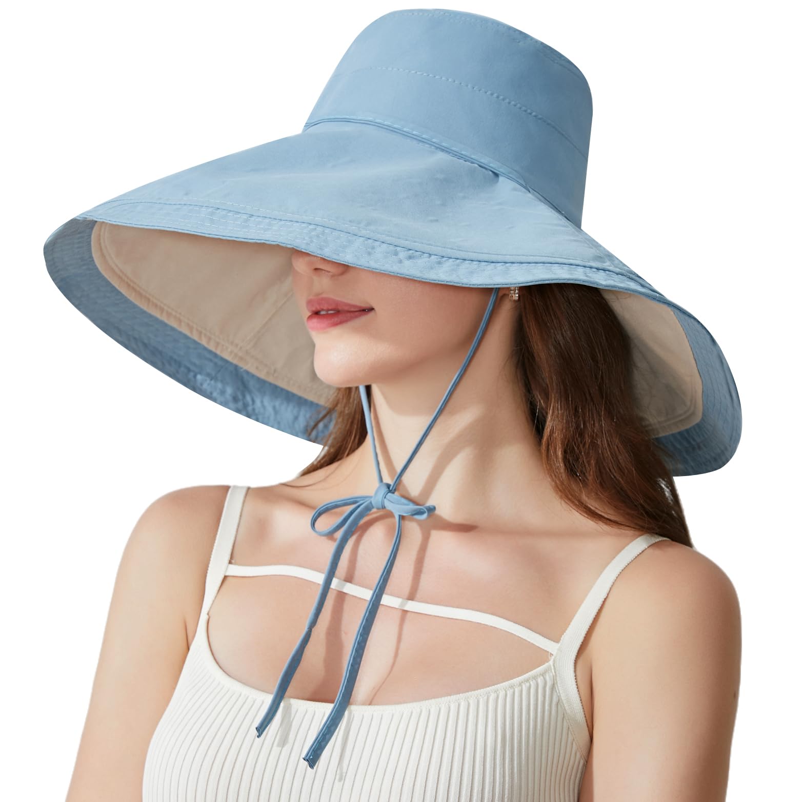 KAICAILA Women's Reversible Floral Wide Brim Sun Hat UV Protection Blue Beige One Size