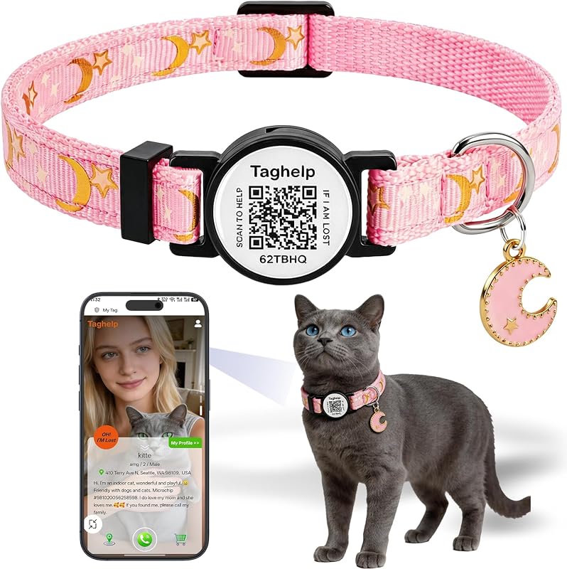 Coleira para Gatos Taghelp com QR Code, Fecho de Segurança Breakaway e Refletiva Rosa – 15,24 a 30,48 cm