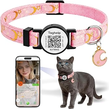 Smart Lost & Found System Breakaway Cat Collar with Free Lifetime QR Code ID, Adjustable Reflective Kitten Collar Stars & Moon - No Monthly Fees, Pink Pet Safety Pink