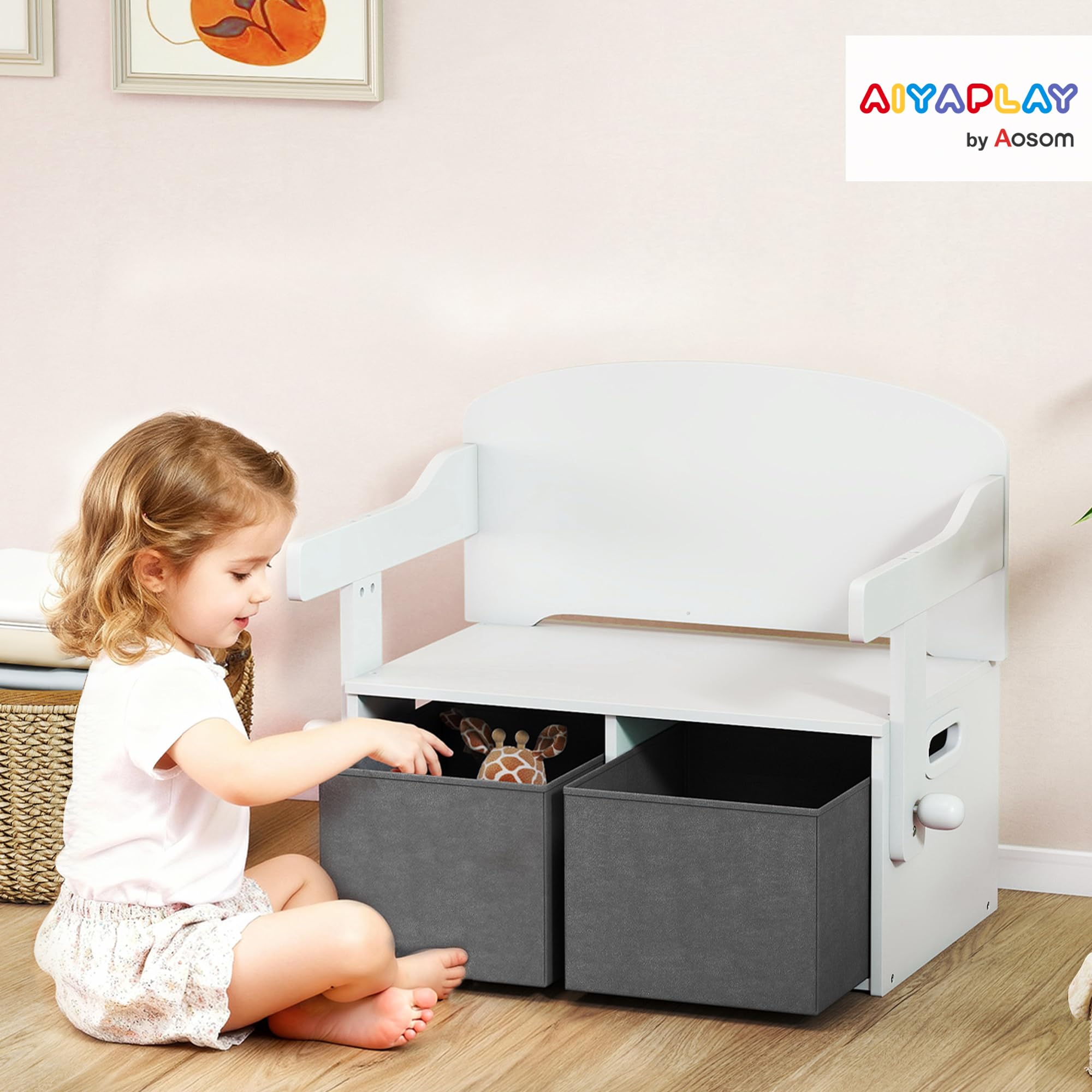 AIYAPLAY Banco Infantil Convertible 3 en 1 Baúl con Mesa 3-6 Años Blanco | Juego de Mesa y Silla, Cubos de Tela Extraíbles, Banco de Almacenaje, Mueble Multifuncional