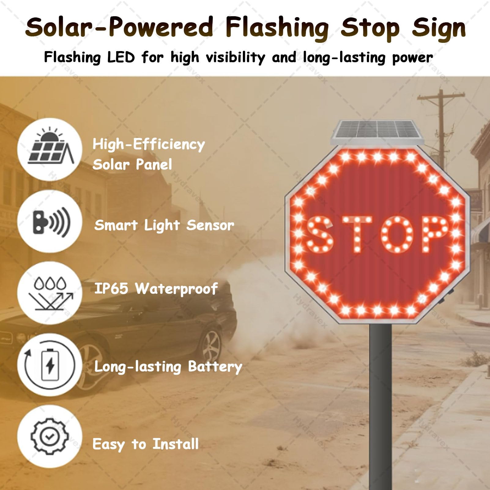 Señal de parada LED solar, señal de advertencia de tráfico parpadeante, señal de carretera iluminada de aluminio, IP65 impermeable
