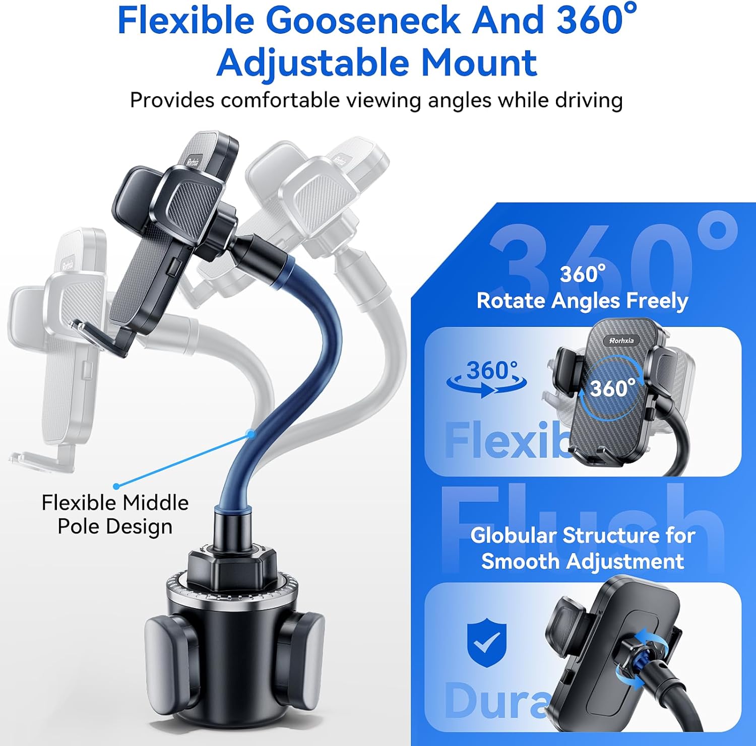 Rorhxia 13 inch Cup Holder Phone Holder, [Enjoy Convenience, Flexibility, Stability] Gooseneck Cup Phone Mount, Fit for All Phones, iPhone 17/16/15/14/13/12 Pro Max/Samsung S24/S23/S22