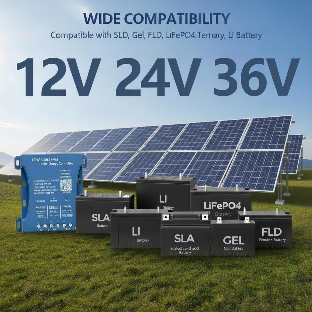 Regolatore solare 20A con WiFi & Bluetooth, PWM 12V/24V/36V per veicoli, ingresso PV 80V, regolazione tramite applicazione per batterie piombo-acido/LiFePO4/litio, ideale per camper/casa/installazione