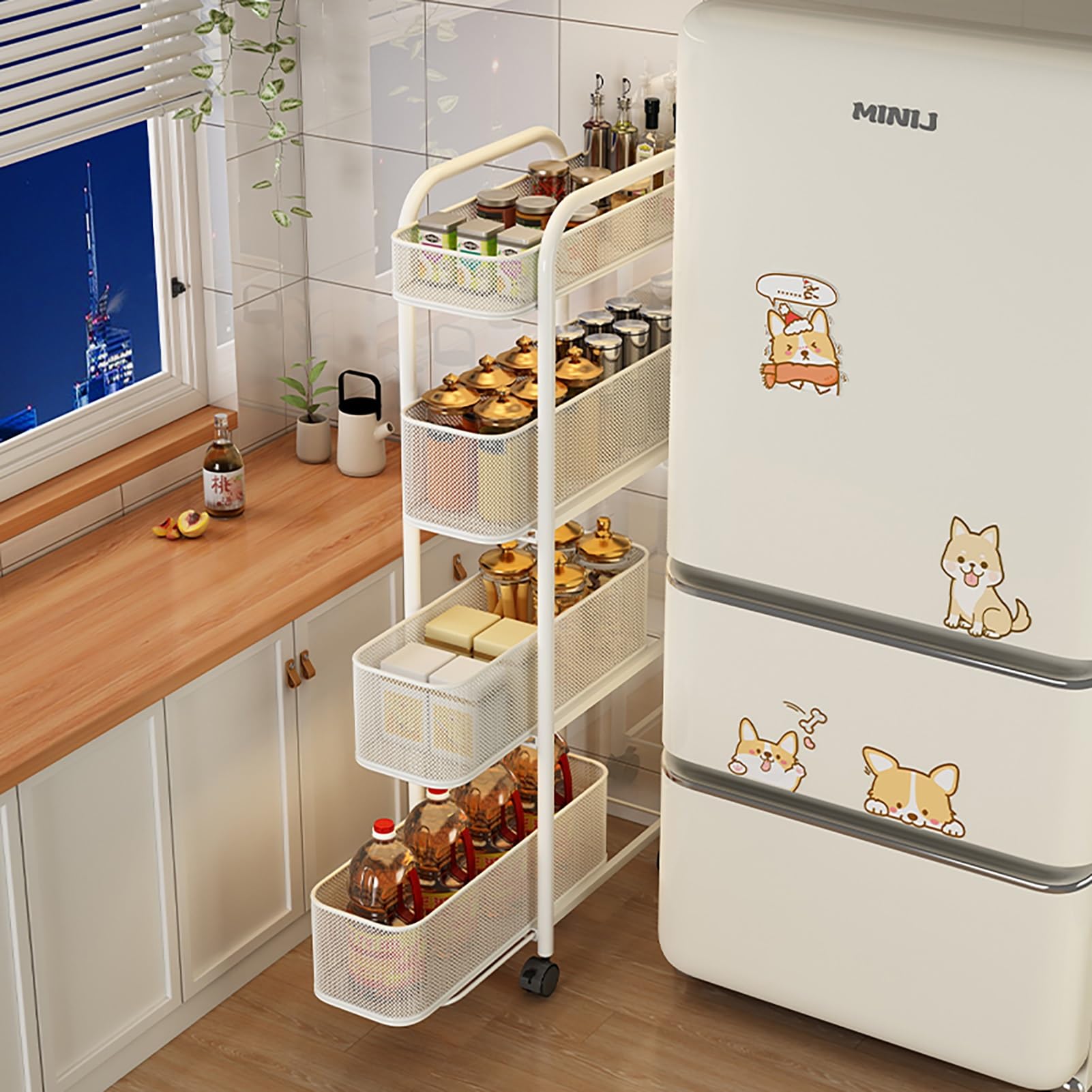 4-stöckiger hoher schmaler Aufbewahrungsschrank mit beweglichen Rädern, ausziehbarer Heim-Organizer, mobiles Regal, ausziehbar, ideal für Badezimmer, Küche, Wäsche, Aufbewahrung, Organisation