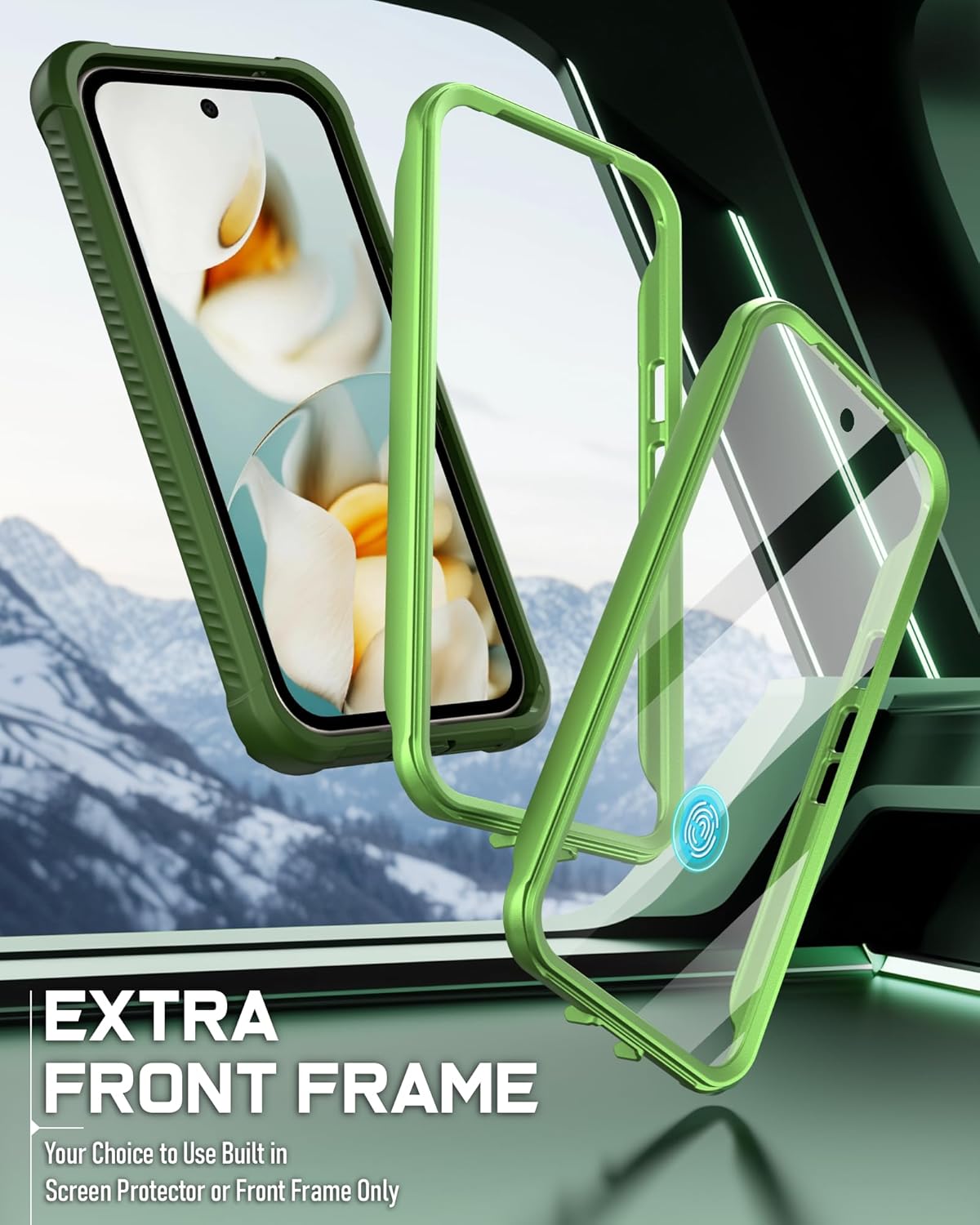 Poetic Guardian Case for Google Pixel 9A 5G (2025), Built-in Screen Protector [Work with Fingerprint ID], [2 Front Frame] [Wireless Charge] Full Body Shockproof Rugged Clear Cover Case, Green/Clear