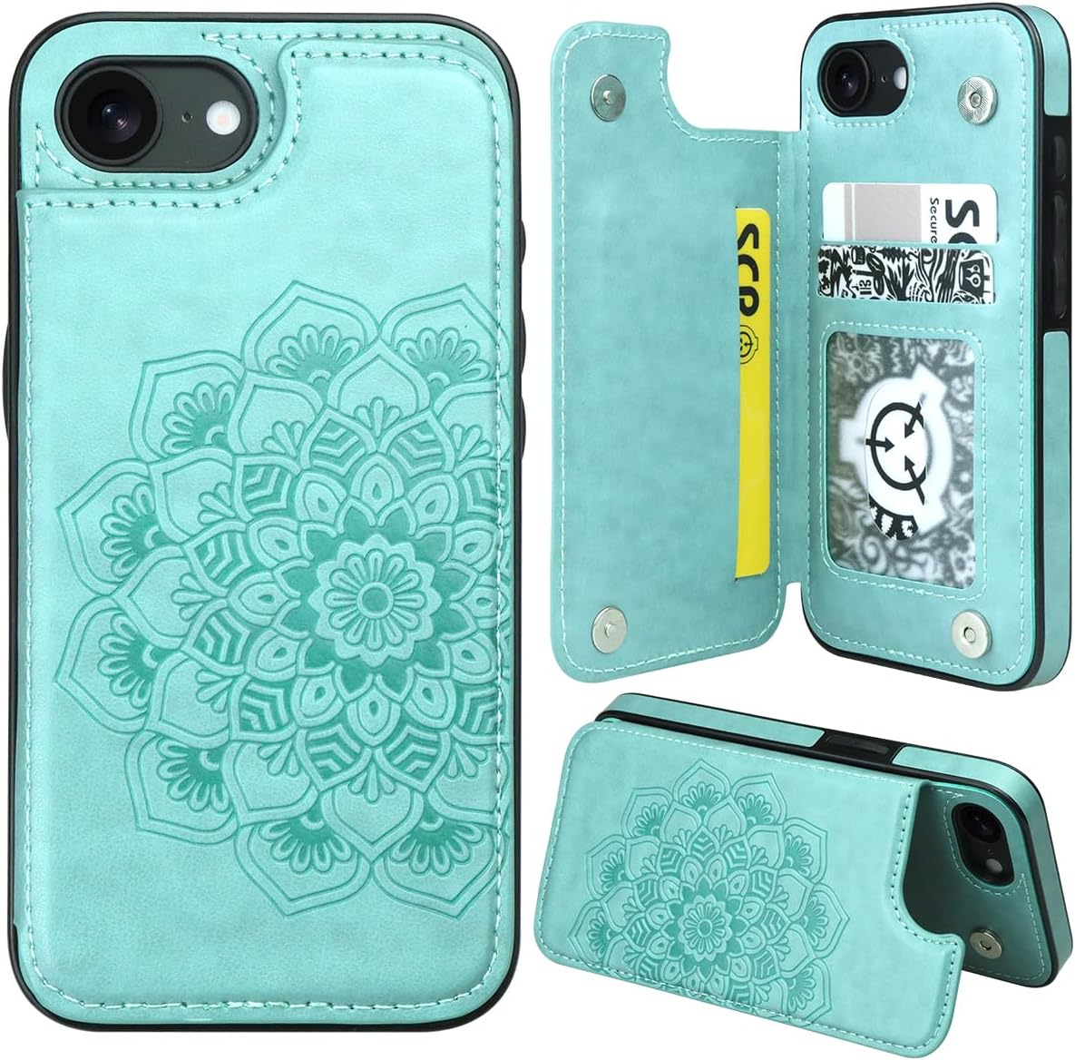 MMHUO for iPhone 16e Case with Card Holder,Flower Magnetic Buttons Protective Wallet Case for Women for iPhone 16e 2025,Mint (for iPhone 16e 6.1"-(S)(One Cameras) Mint) Thumbnail