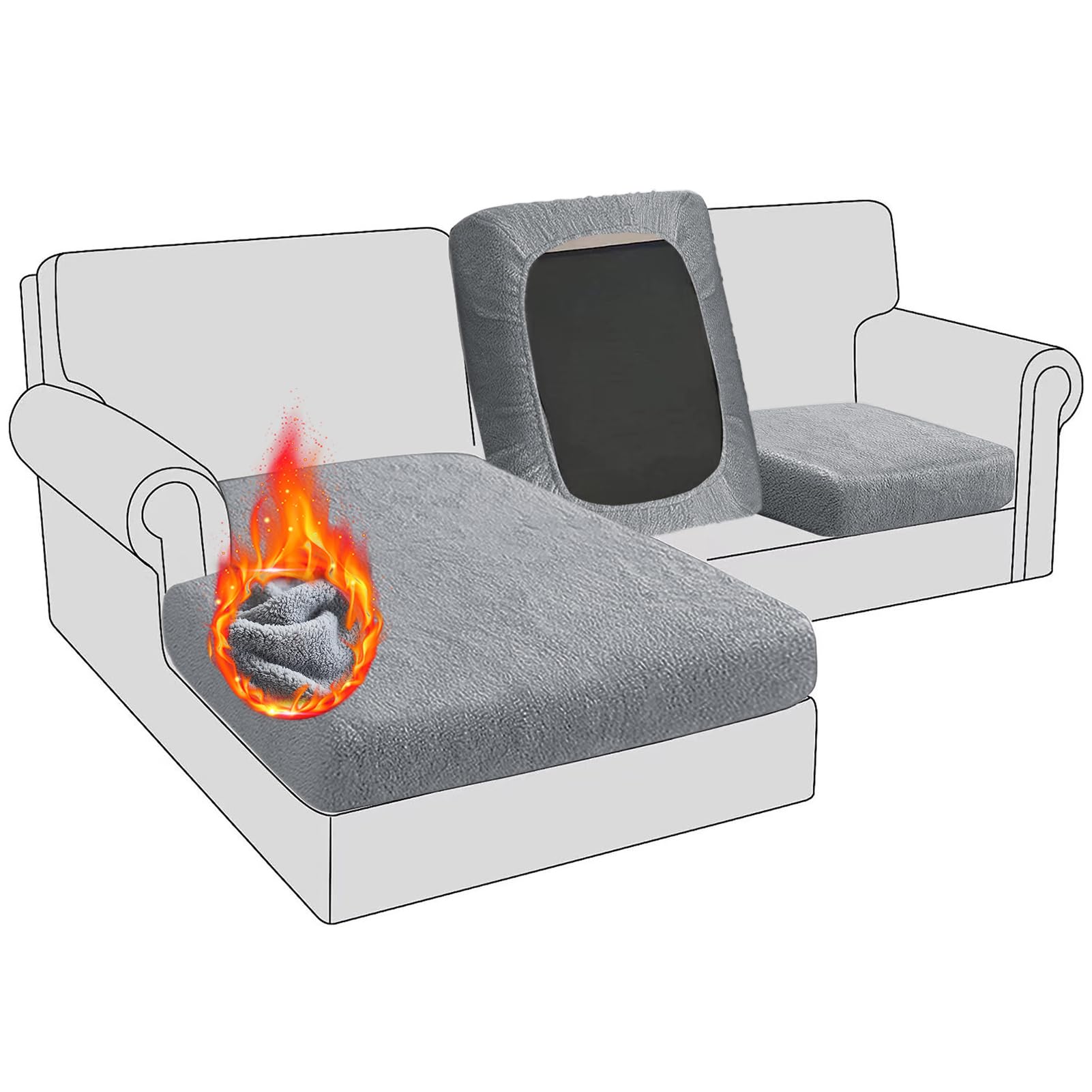 BXFUL Sofa Seat Cushion Covers, Stretch Sherpa Fleece Sofa Cushion Slipcovers, Soft Warm Plush Couch Cushion Covers Replacement Non Slip Furniture Slipcover (3-Seater,Dark Gray)