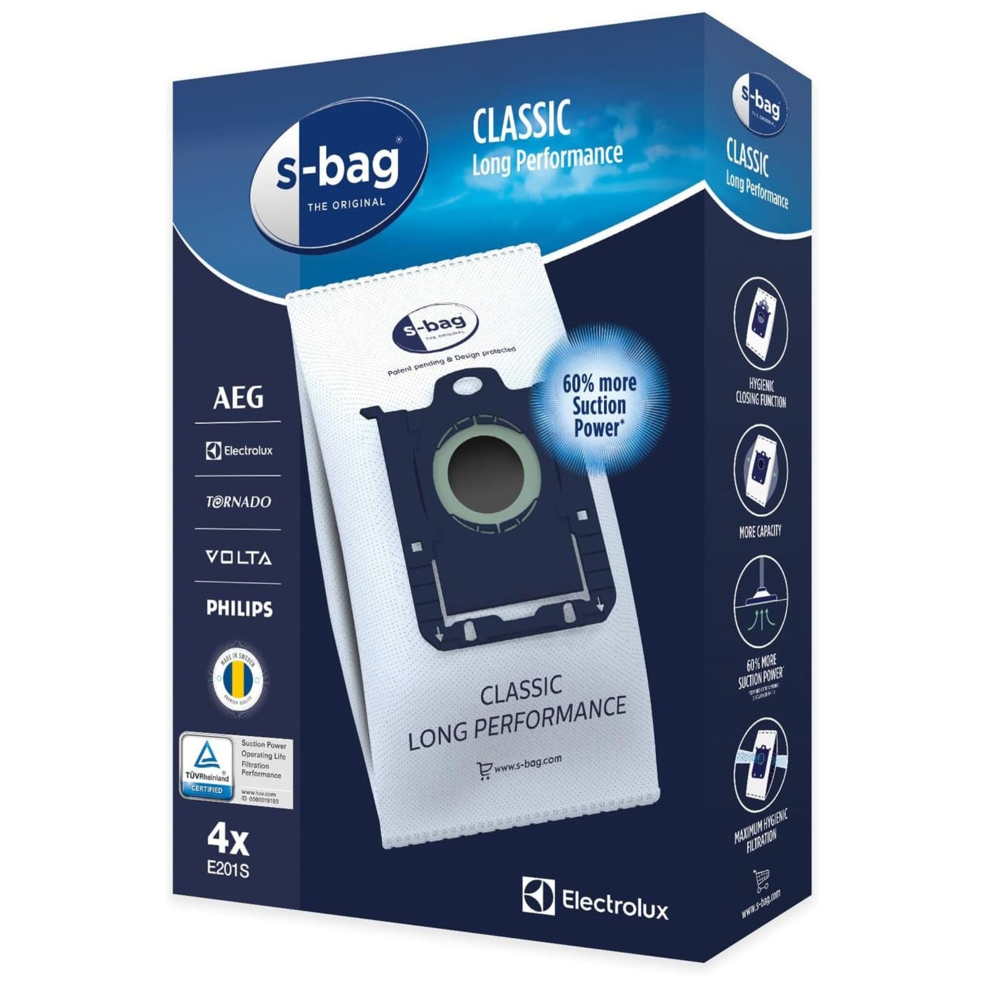 Electrolux E201S Sacs Aspirateur S-​Bag Long Performance, Boite de 4 Sacs, 3,​5 litres, Powerflow, Système de Fermeture Automatique hygiénique, Convient à de Nombreux Types d'aspirateurs