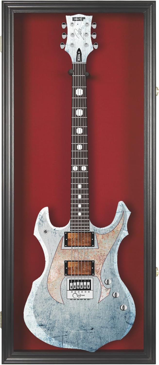 DisplayGifts 42" Electric Guitar Display Case Cabinet Shadow Box with Guitar Hanger Stand, Lockable UV Protection Red Felt Interior with Black Finish Frame