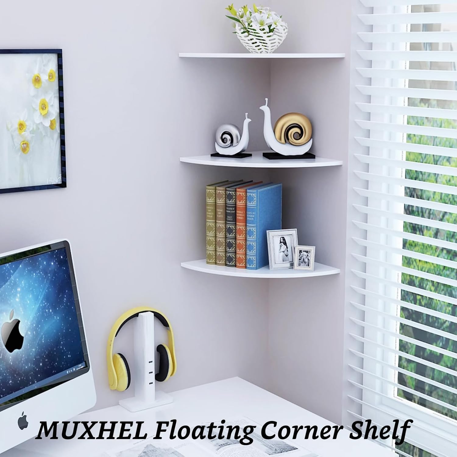 4 Pcs Floating Corner Shelf with Mounting Accessories, Wooden Round Corner Wall Shelves, Wall Mounted Corner Storage Shelf for Bathroom, Bedroom, Living Room (White)