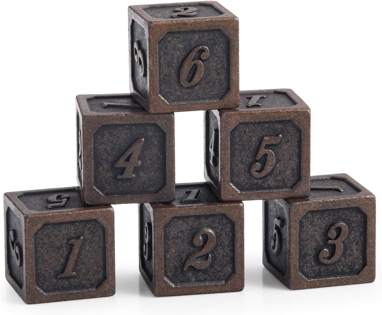 DNDND Ancient Copper D6 Metal Dice Set, 6 Pieces Six Sided Solid Metallic Dice with Free Black Velvet Bag for D&D Pathfinder Shadowrun or GURPs