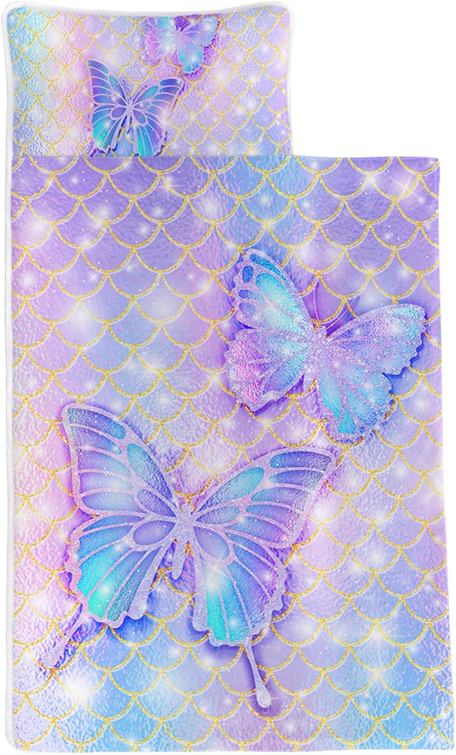 Axolotl Glitter Butterfly Nap Mat,Roll Up Slumber Bag,Purple Blue Nap Mat with Removable Pillow,Colorful Mermaid Scales Bedding Set for Travel Sleeping Bag,Floral Soft and Lightweight Sleeping Mat