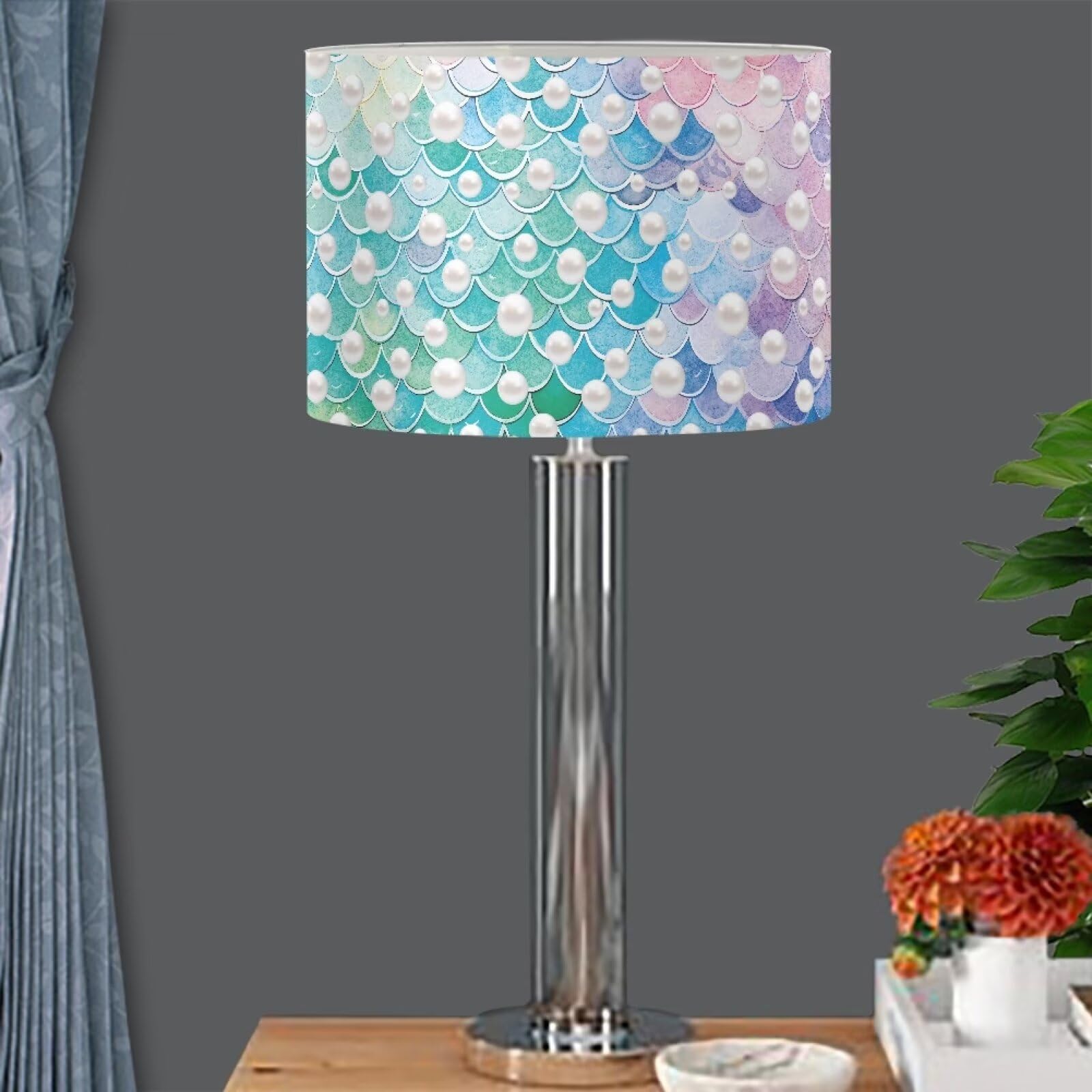 Xoenoiee Mermaid Scale Pearl Print Table Lamp Shade PVC Drum, Floor Lampshades Cylinder Pendant Lamp Shade European Fitter, Medium
