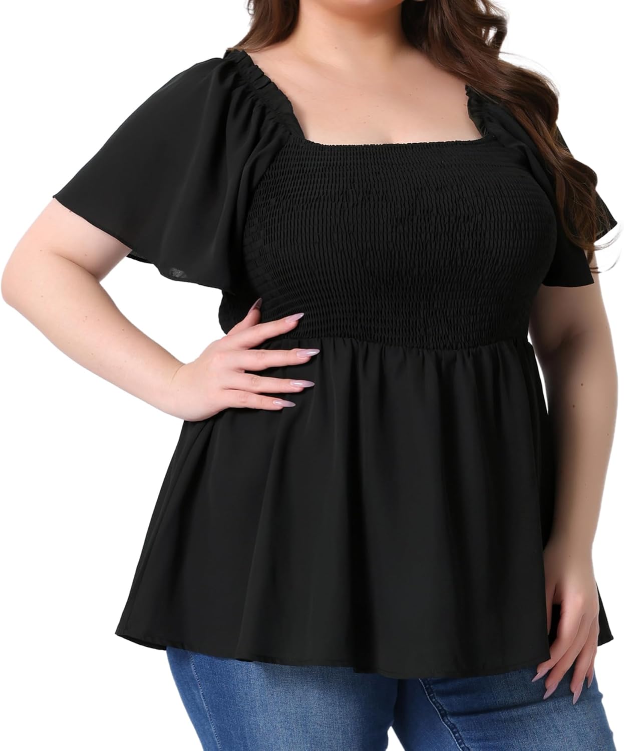 Agnes Orinda Plus Size Summer Tops for Women Square Neck Short Sleeve Ruffle Hem Casual Loose Fit Blouse Top