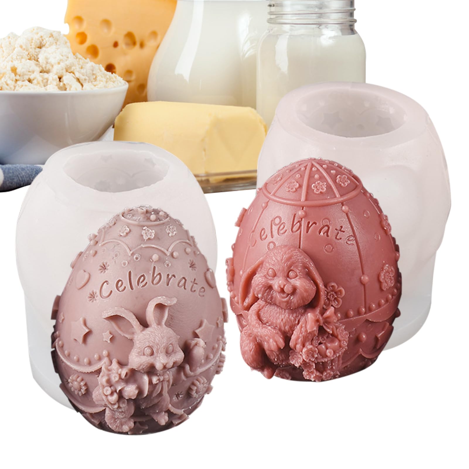 Lot de 2 moules en silicone en forme d'œuf 3D en forme de lapin pour bougies, chocolats, bonbons faits à la main