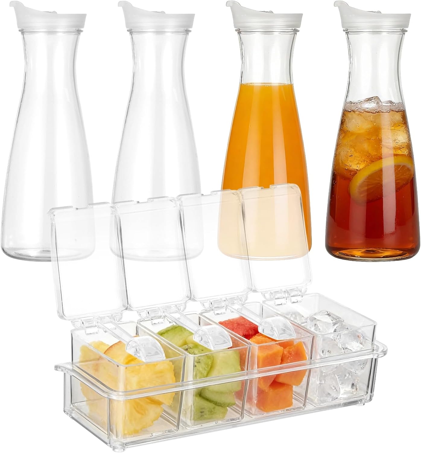 4PCS 54 oz Plastic Carafe with Lids and 1PCS 4 Grid Seasoning Box Set, Clear Acrylic Juice Containers, Water Bottle, Clear Beverage Containers, Pitcher with Pour Spout and Wide Mouth for Party