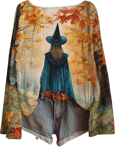 SamLng Sweaters For Women Fall Women'S Halloween Sweater Funny Witch Graphic Pul
