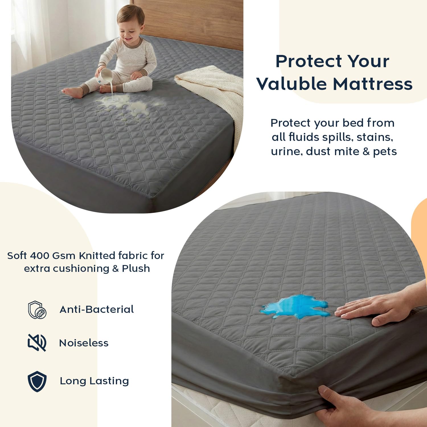 Ayka 100% Waterproof Queen Size 75x60 inch Cotton Quilted Mattress Protector Breathable Hypoallergenic Noiseless Ultra Soft Elastic Fitted Bed Protector Mattress/Bed Cover (Grey, Queen (75 * 60”))