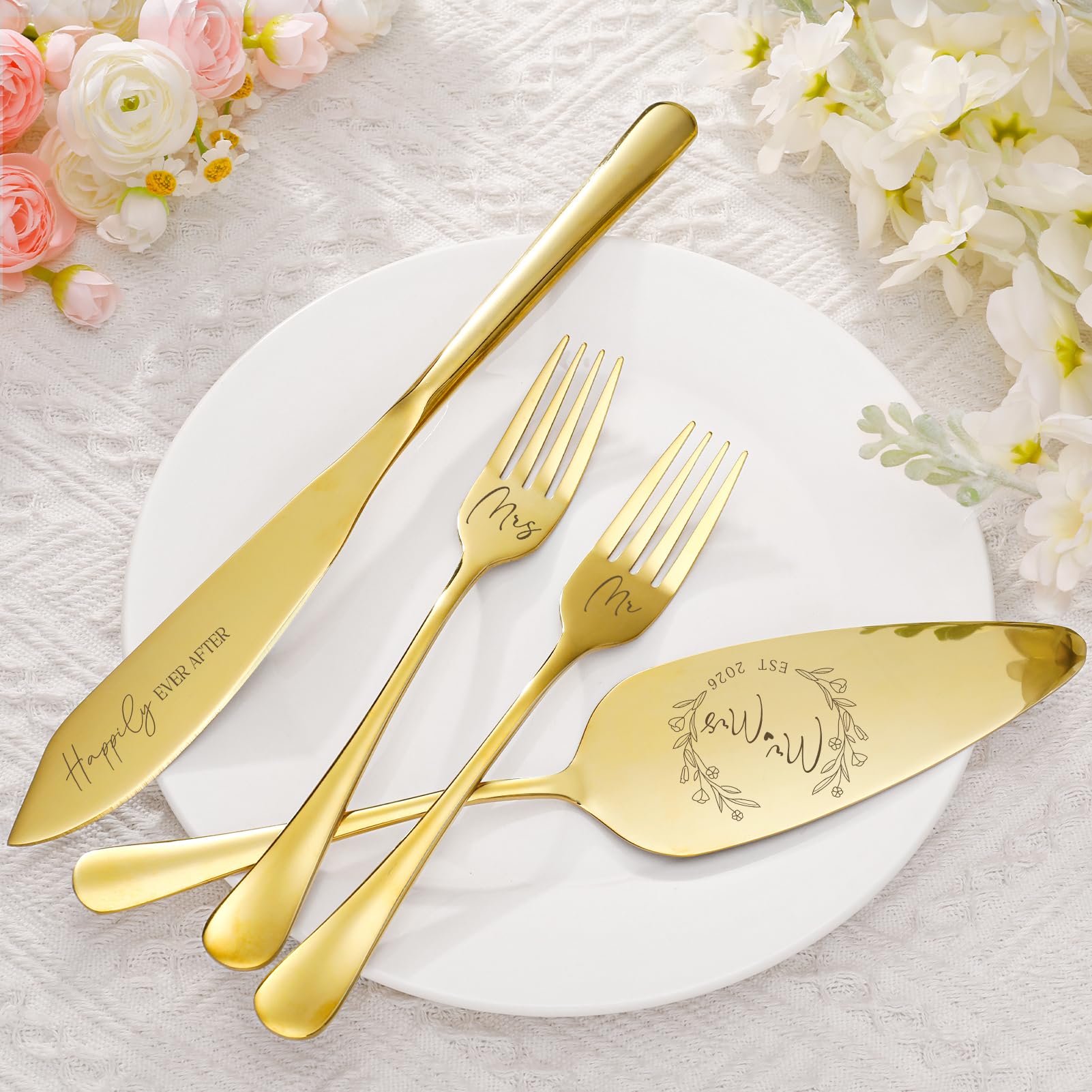 Gold Wedding Cake Knife & Server Set - 4 Piece -2