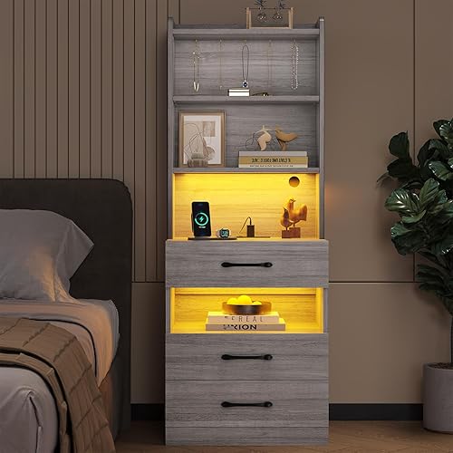 Miniatura 9 de VIAGDO Juego de 2 mesitas de noche altas con estación de carga y luces LED, juego de 2 mesitas de noche grises con estantería, modernas mesas de