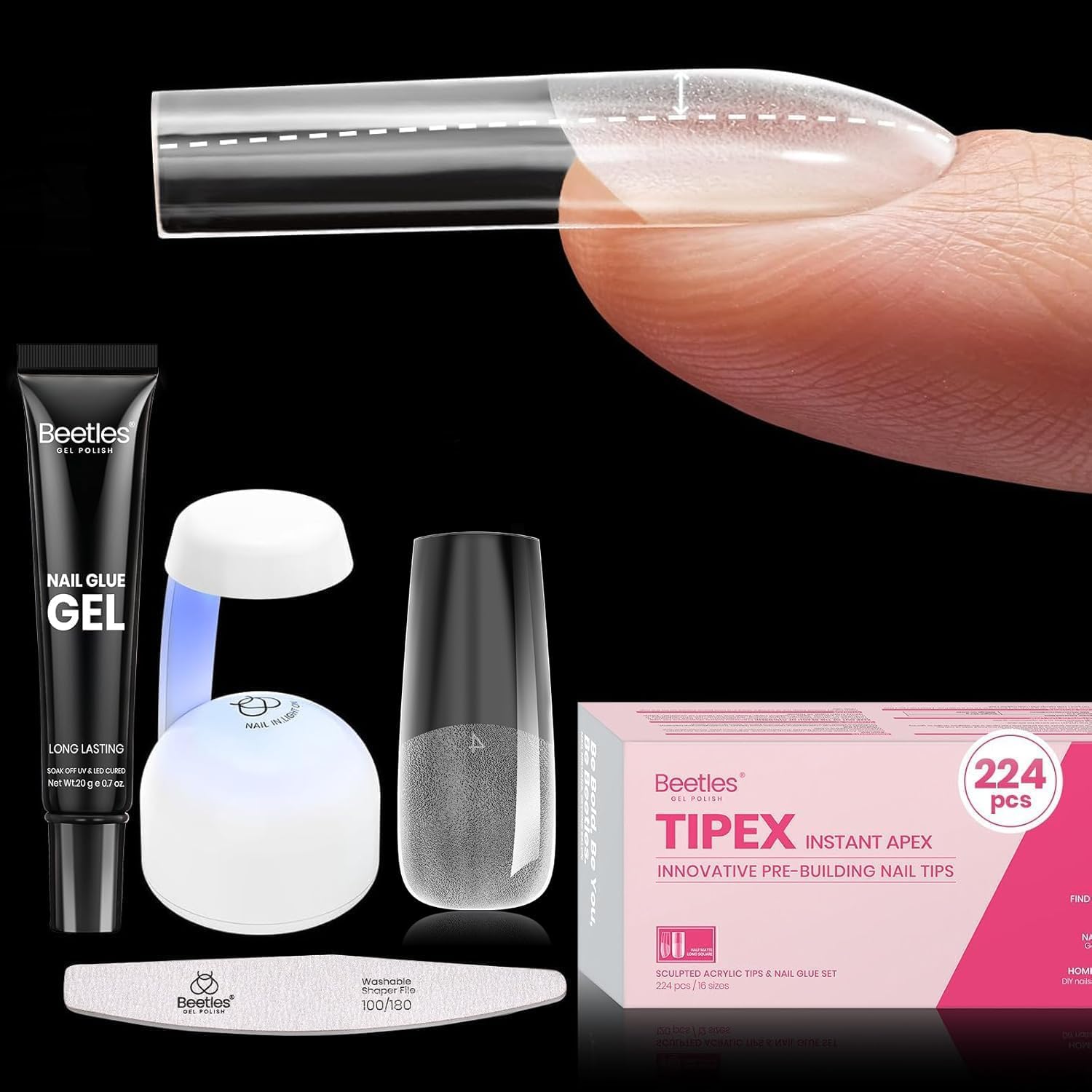 Beetles Tipex Instant Apex Nail Tips, Long Square, 16 Sizes (00-14), 224PCS with 20g Tipex Solid Nail Glue, Thick Strong Tips with Built-In Apex for DIY Extensions