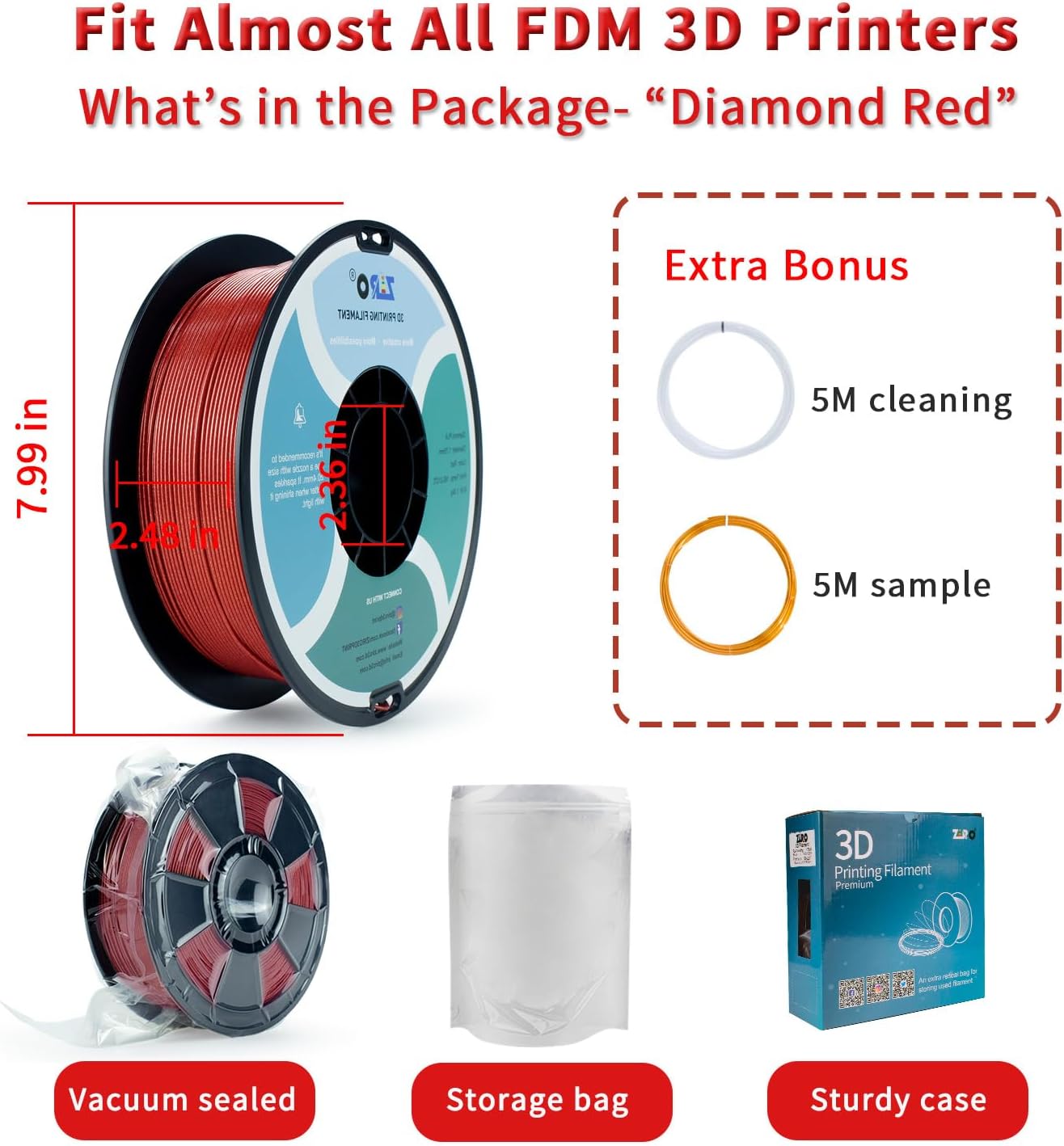 ZIRO 3D Printer Filament, 1.75mm Shiny Sparkle PLA with Glitter, Diamond Series Filament, Twinkling PLA 1kg/2.2lbs Spool, Colorful Material, Dimaond Red - Image 4